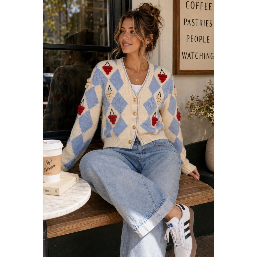 Greylin Argyle Cherry Pom Pom Cardigan Preppy Coquette Boho Cottagecore Sz S